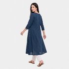 Women's Navy Blue Cotton Notch Neck Embroidered Kurta, Navy Blue, small