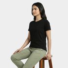 Women's Black Cotton Round Neck Casual T-Shirt, काला, small
