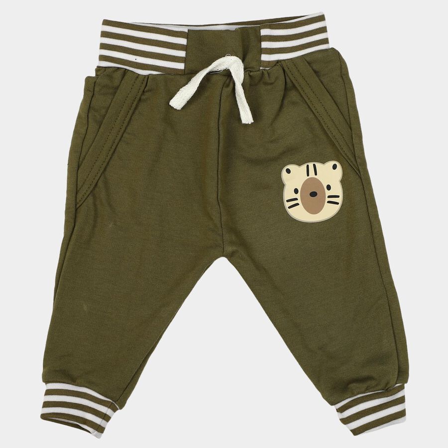 Infants Olive Green Jogger Animal Patch Cotton Blend Pyjama, ओलिव, large