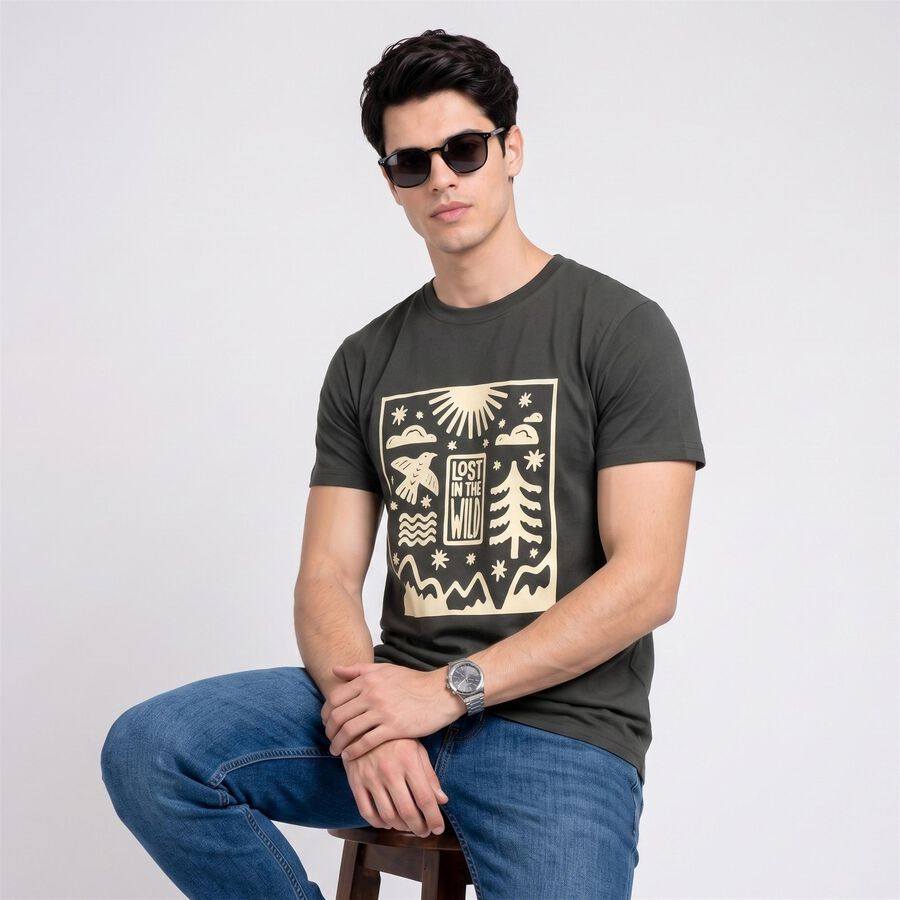 Men's Olive Green Round Neck Regular T-Shirt, हल्का हरा, large