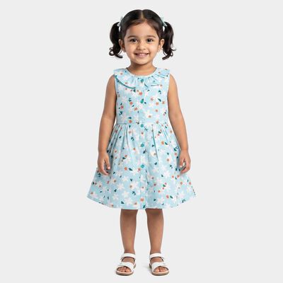 Girls' Light Blue Floral Printed Fit and Flare Frock