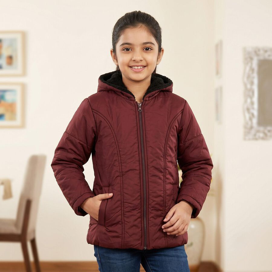 Girls' Wine Hooded Puffer Jacket, Wine, large