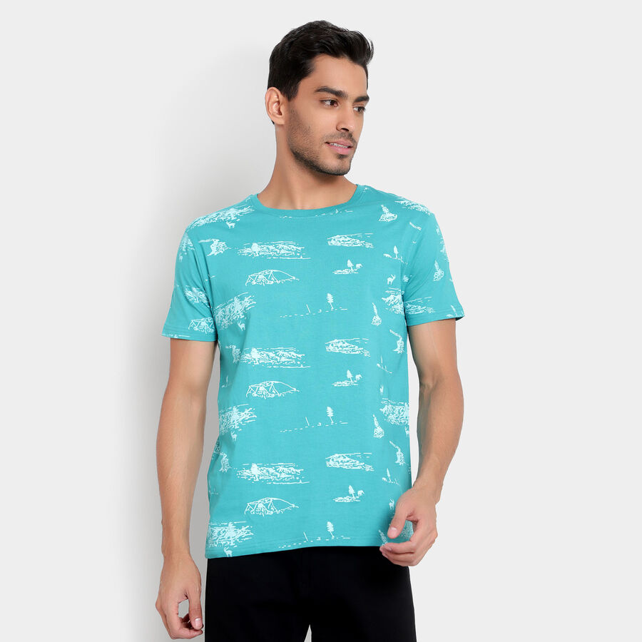 Cotton Printed Round Neck T-Shirt, Teal Blue, large image number null