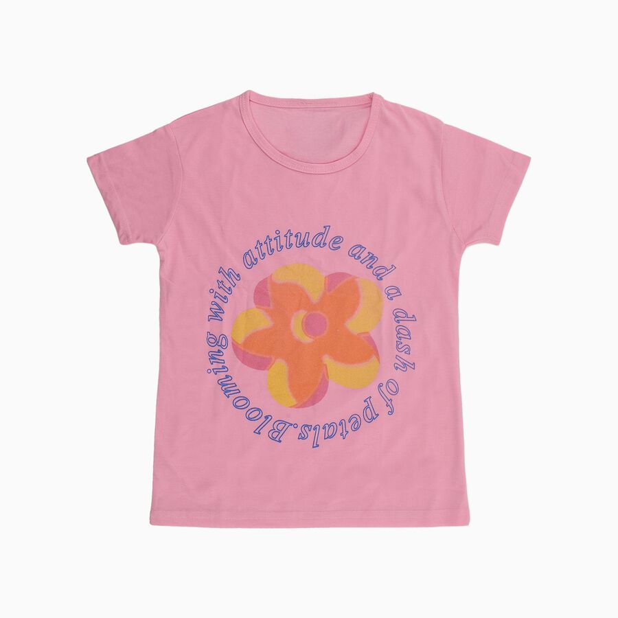 Girls Light Pink Cotton Round Neck Casual T-Shirt, Light Pink, large image number null