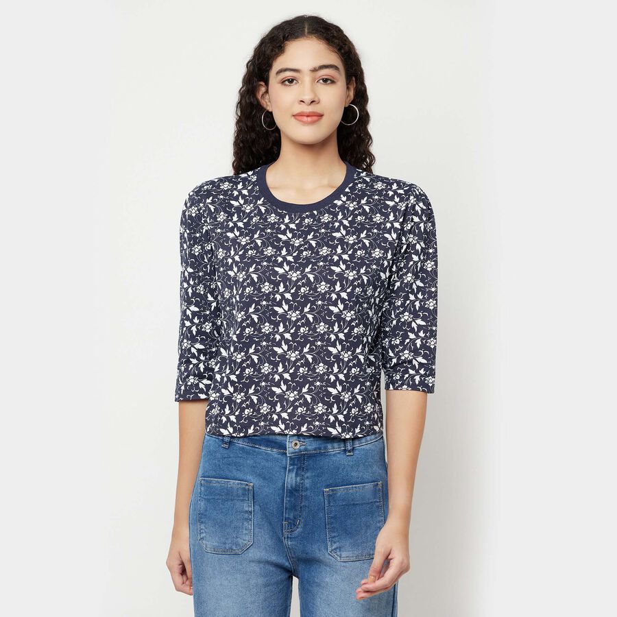 Cotton Printed Round Neck T-Shirt, Navy Blue, large image number null