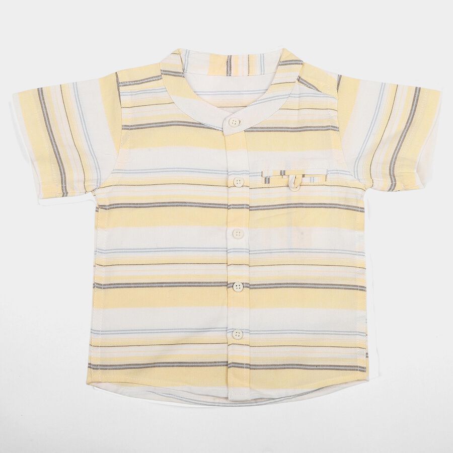 Infants' Yellow Cotton Short Sleeves Mandarin Collar Striped Shirt, Yellow, large