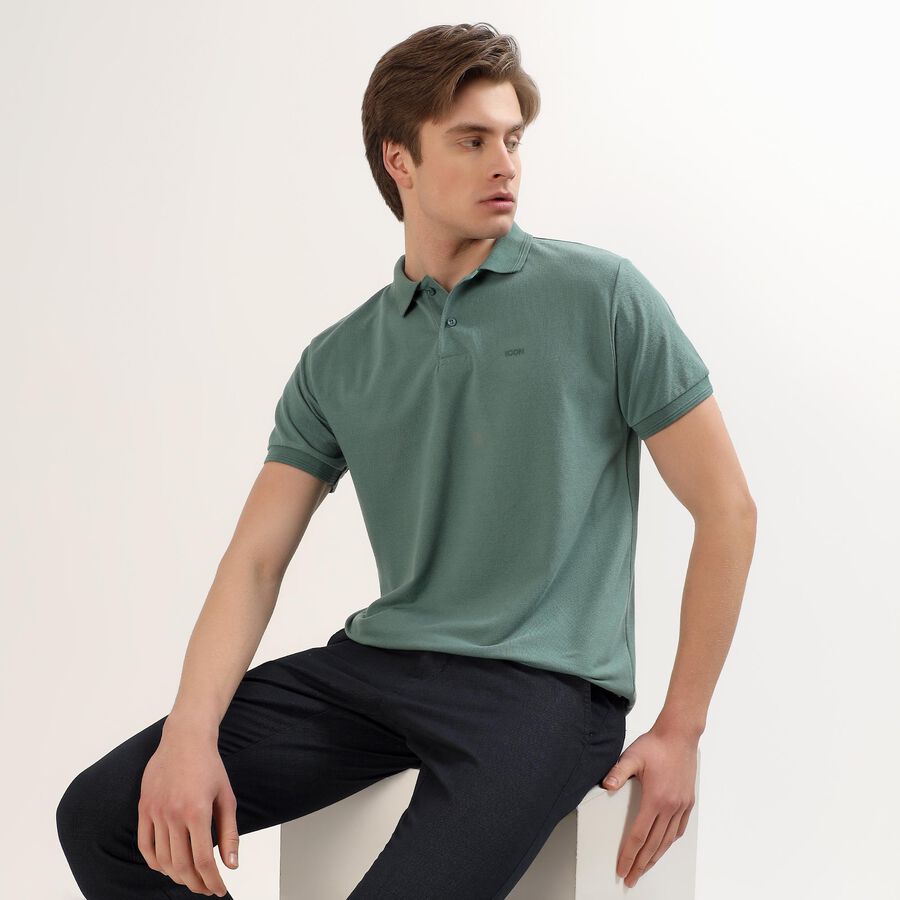 Men's Muted Sage Green Polo Collar Casual T-Shirt, गहरा हरा, large image number null