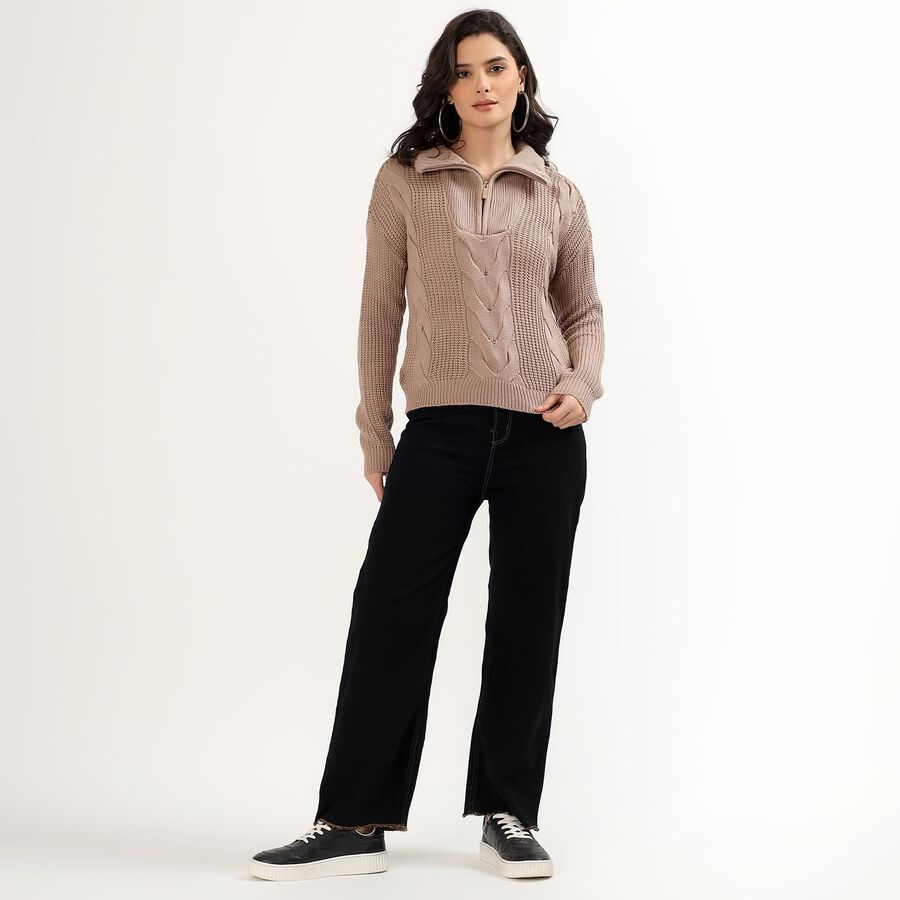Women's Muted Beige Half-Zip Casual Pullover, भूरा, large image number null