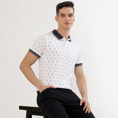 Men's White Cotton Polo Neck Printed T-Shirt