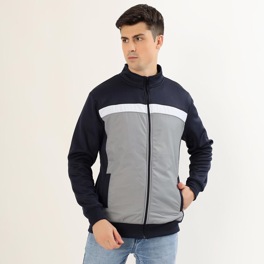Men's Dark Navy Blue and Light Grey High Neck Casual Sweatshirt, Light Grey, large image number null