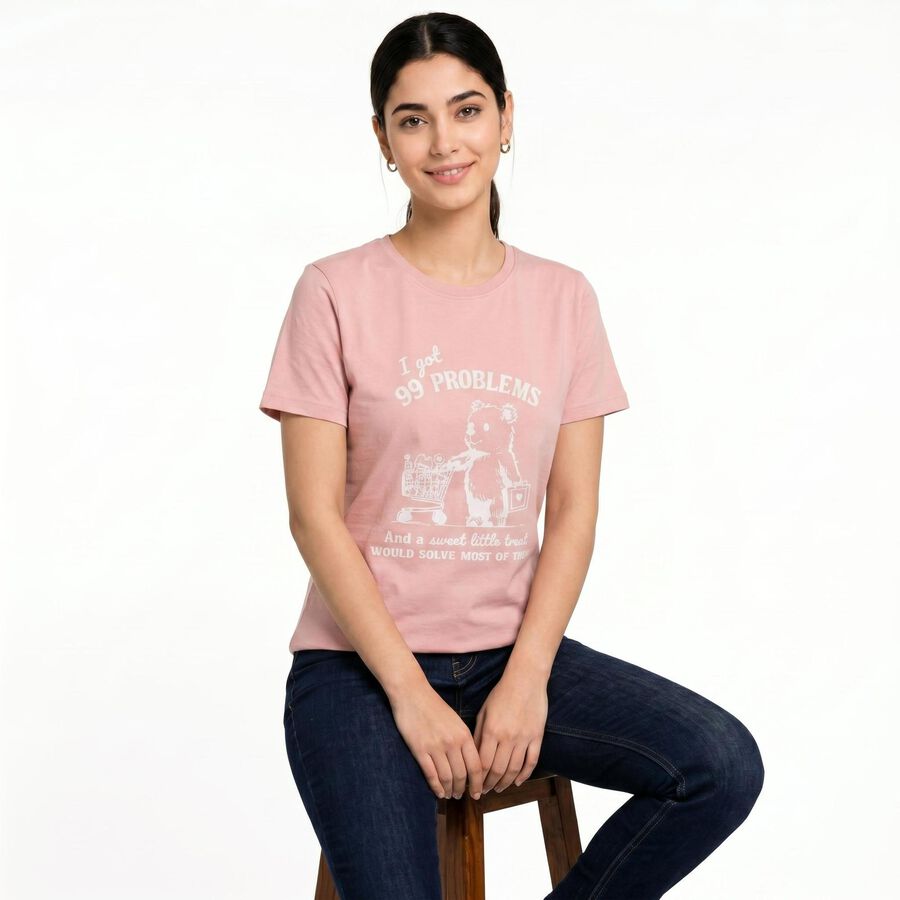 Women's Pink Round Neck Regular T-Shirt, Light Pink, large