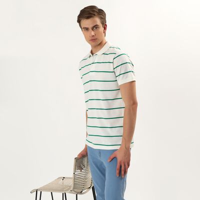 Men's White and Green Polo Neck Preppy T-Shirt
