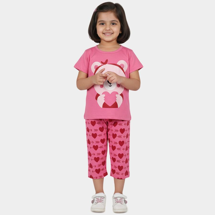 Girls Pink Bear Graphic T-Shirt and Heart Print Capri Set, Pink, large