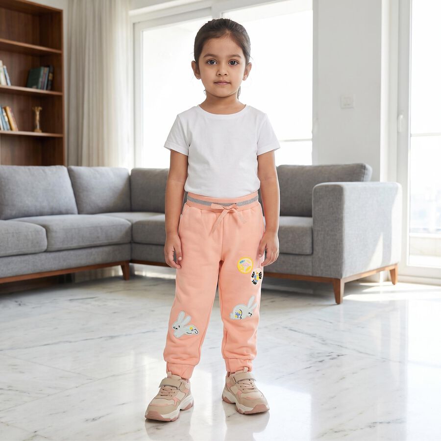 Girls' Peach Jogger Fit Bunny Applique Pyjama, पीच, large