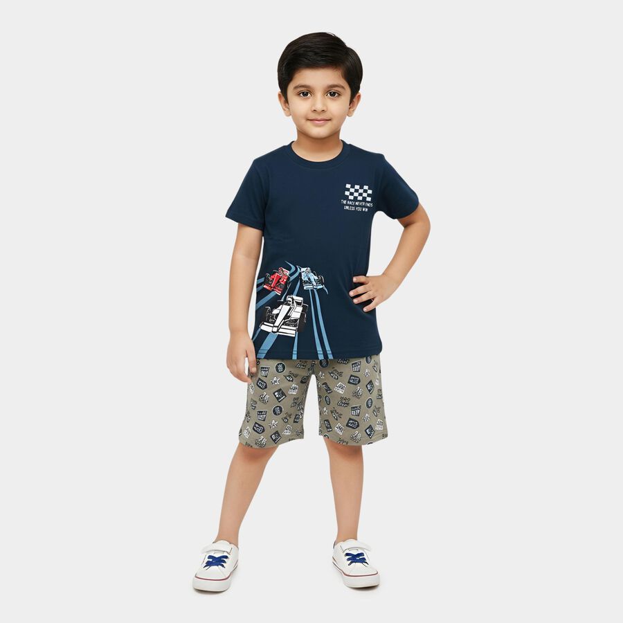 Boys Navy Blue 100% Cotton Mandarin Collar Anchor Printed Baba Suit, Teal Blue, large