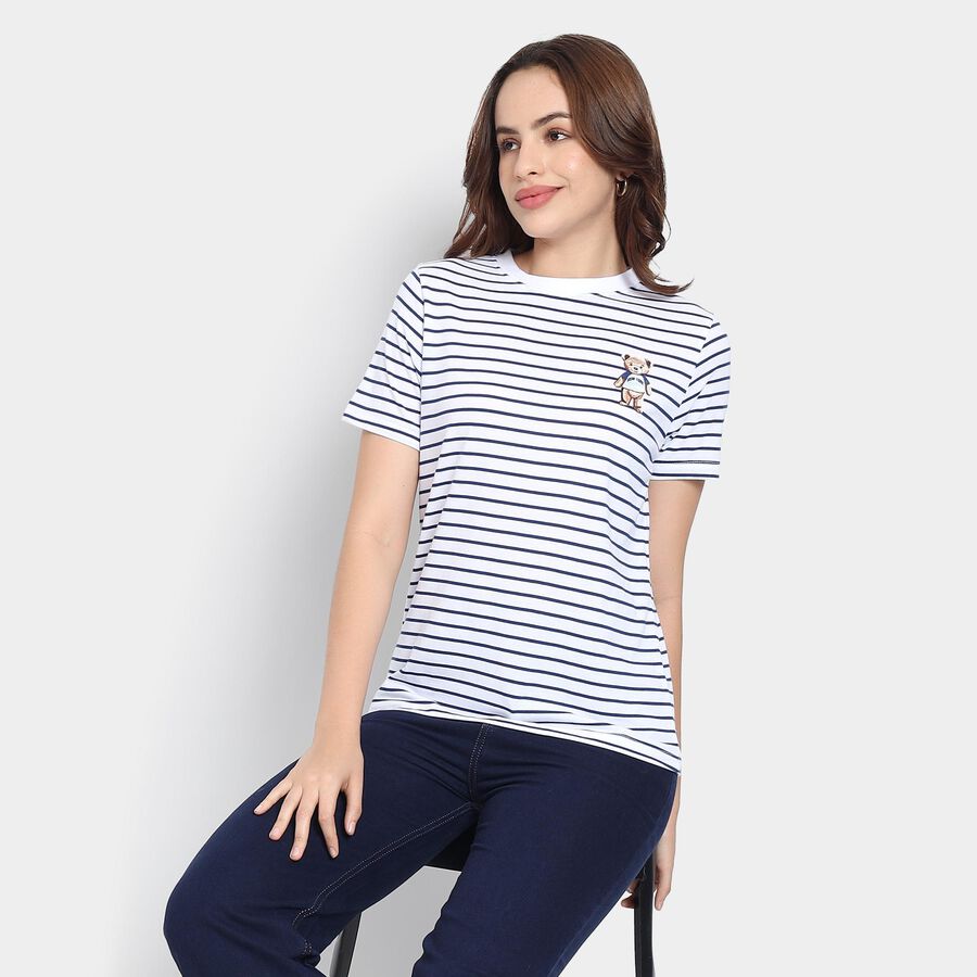 Ladies'  Stripes Round Neck T-Shirt, White, large image number null