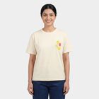 Women's Beige Cotton Round Neck Casual T-Shirt, गहरा पीला, small