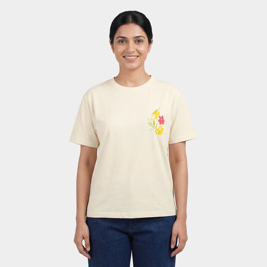 Women's Beige Cotton Round Neck Casual T-Shirt, गहरा पीला, large