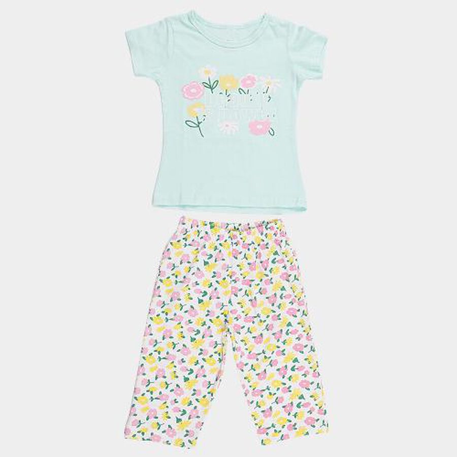 Girls Light Mint Green Round Neck Casual Capri Set, हल्का हरा, large image number null