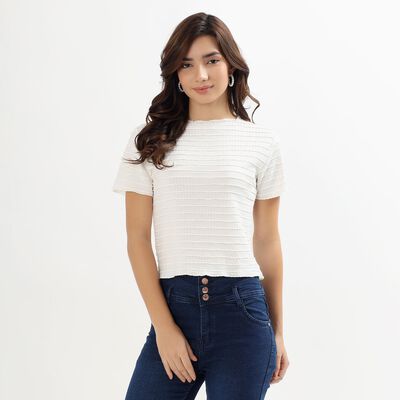 Ladies' Snow White Round Neck Casual Crop Top