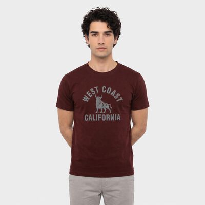 Men's Wine Round Neck Regular Printed T-Shirt