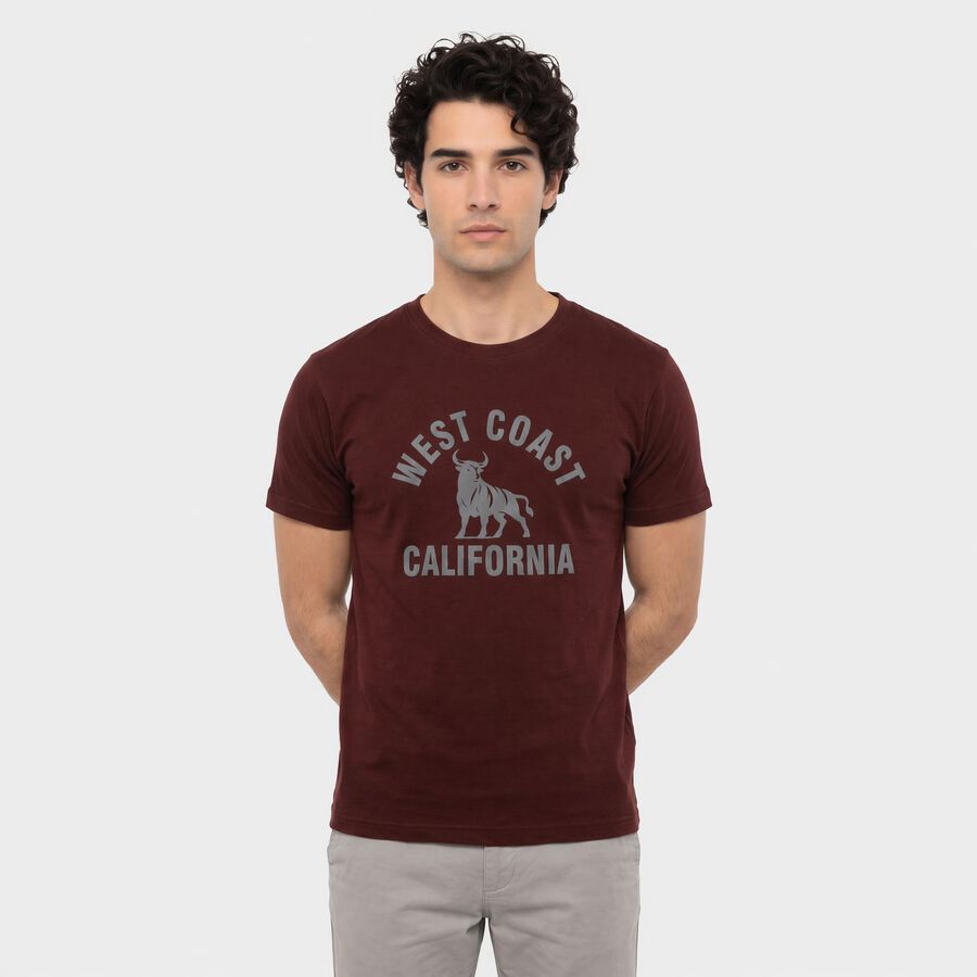 Men's Wine Round Neck Regular Printed T-Shirt, Wine, large