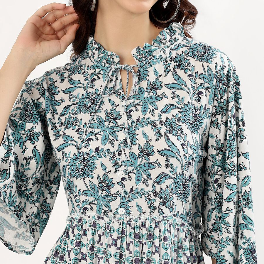 Women's Teal Floral Ruffled Neck Bohemian Dress, ऑफ व्हाइट, large image number null