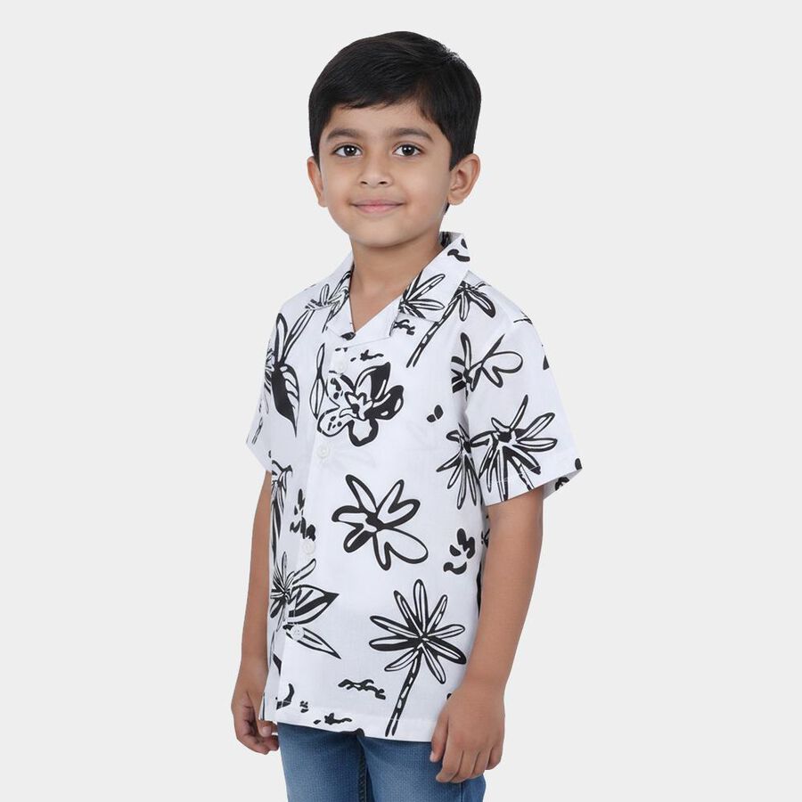 Boys White Cotton Camp Collar Casual Shirt, White, large
