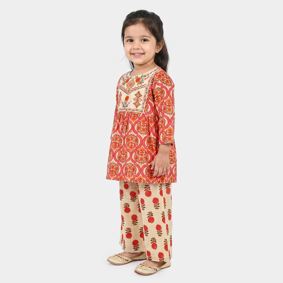 Girls Beige Round Neck Fusion Set Upper and Bottom Set, Beige, large