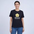 Women's Black Cotton Round Neck Casual T-Shirt, काला, small