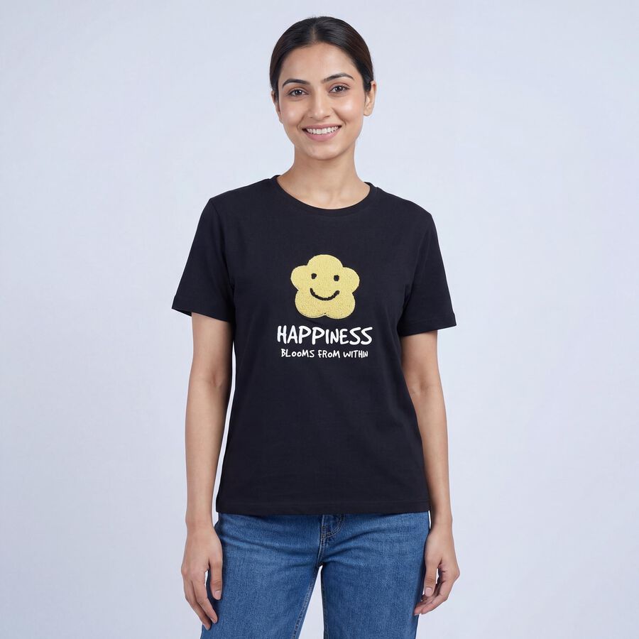 Women's Black Cotton Round Neck Casual T-Shirt, काला, large