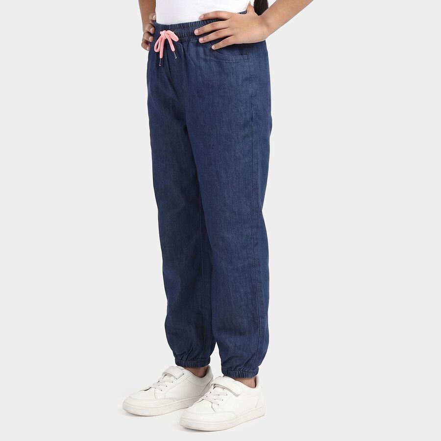 Girls' Navy Blue Jogger Fit Drawstring Jeans, मध्यम नीला, large