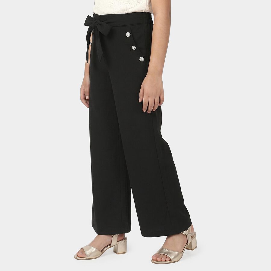 Girls' Black Wide Leg Bow Waist Trousers, Black, large