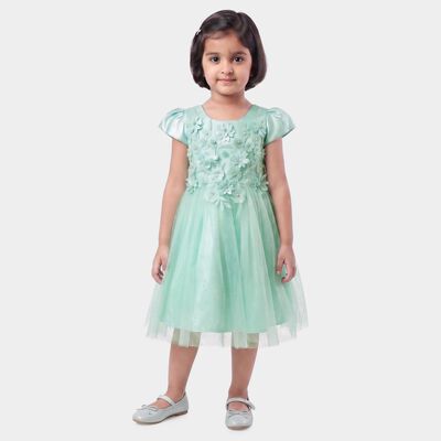 Girls' Mint Green Fit and Flare Floral Applique Party Wear Frock