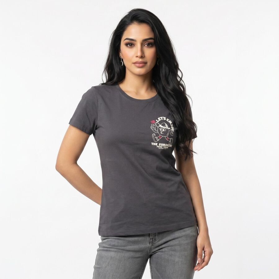 Women's Grey Round Neck Regular T-Shirt, Dark Grey, large