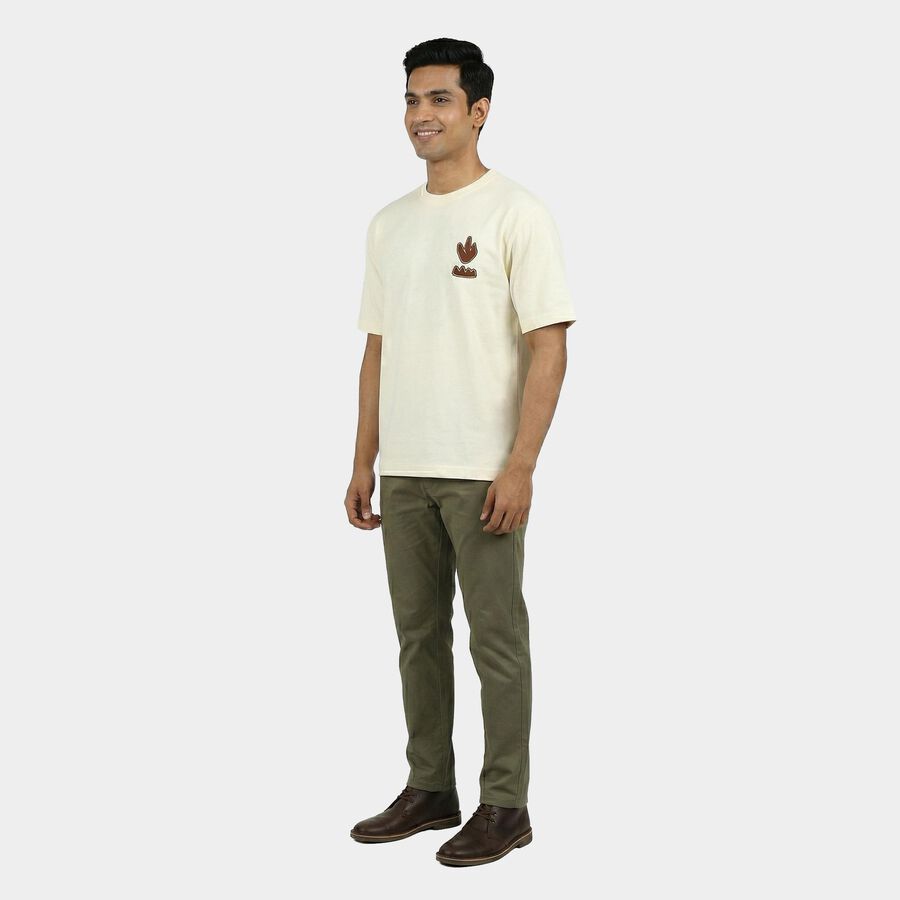 Men's Beige Cotton Round Neck Casual T-Shirt, गहरा पीला, large