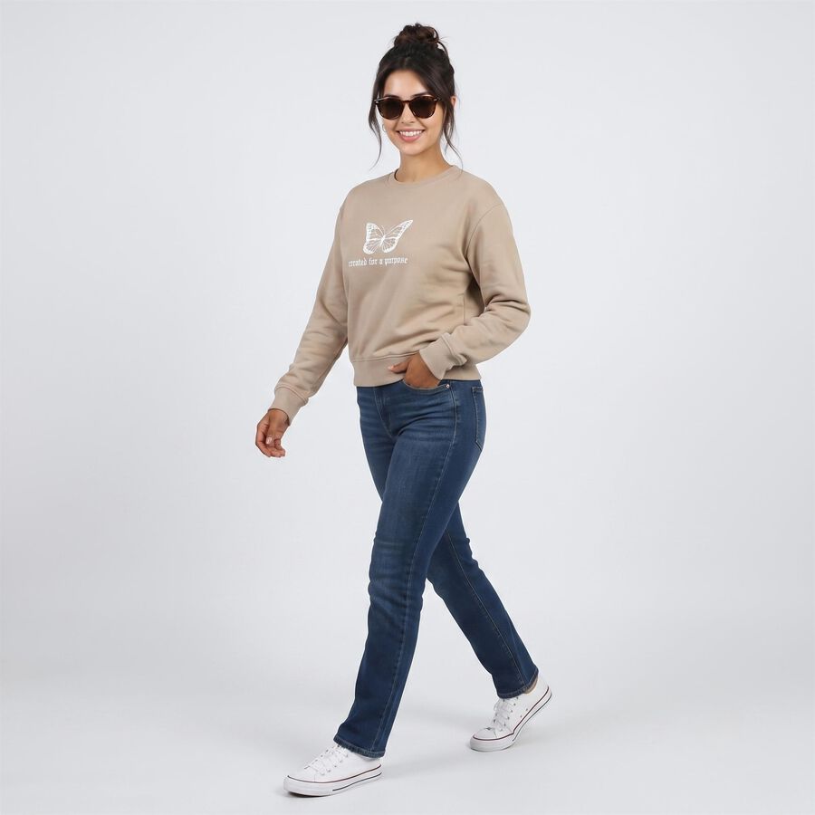 Women Beige Crew Neck Pullover Sweatshirt, Beige, large