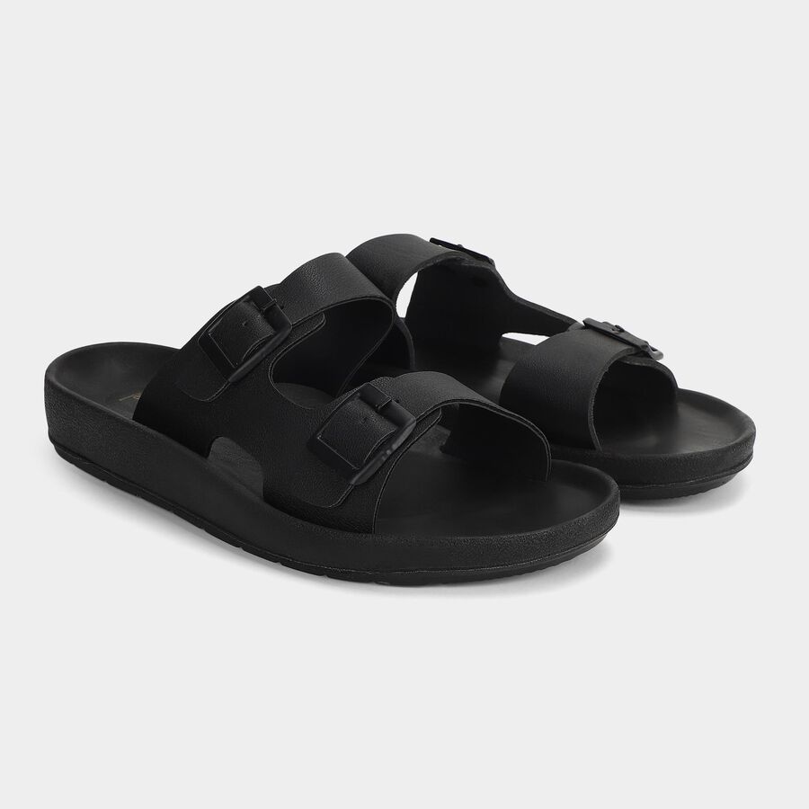 Men's Black Buckle Strap Slide Sandals, Black, large