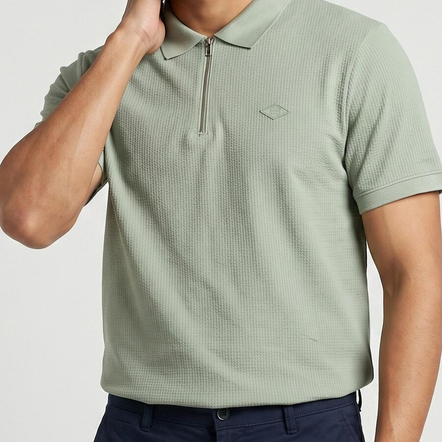 Men's Sage Green Polo Neck Solid Polo T-Shirt, हल्का हरा, large