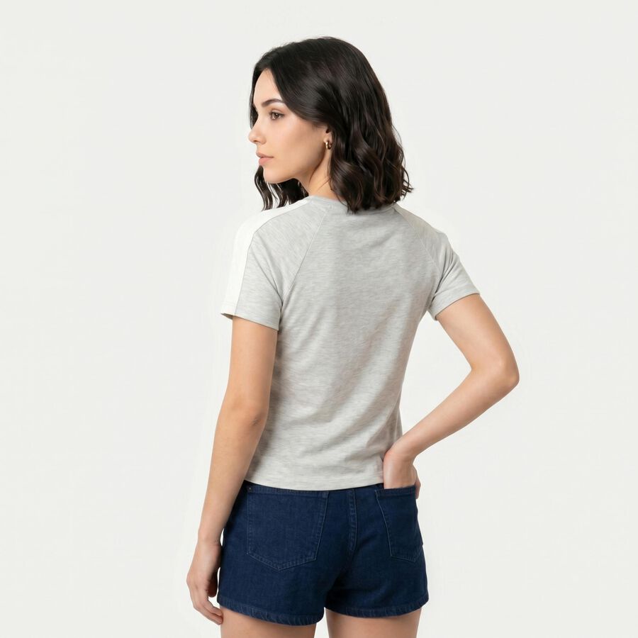 Women's Grey Cotton Blend Round Neck Regular T-Shirt, मिश्रित हल्का ग्रे, large
