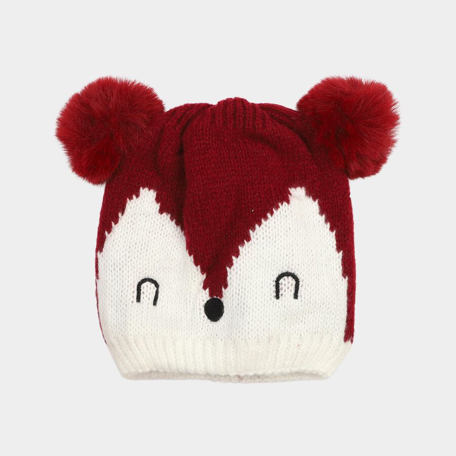 Girls' Maroon Fox Motif Beanie Cap, Wine, large