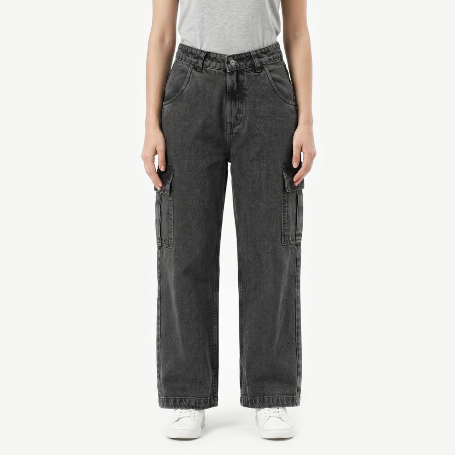 Women's Dark Grey Relaxed Fit Cargo Jeans, Dark Grey, large