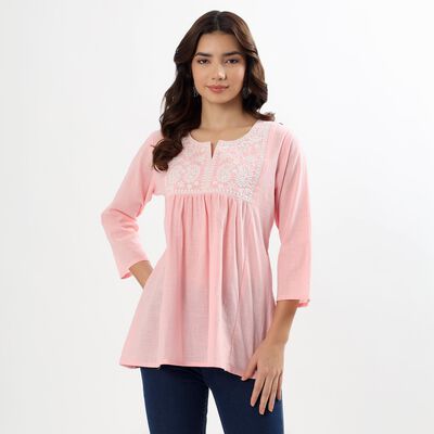 Ladies' Soft Pastel Pink Cotton Notch Neck Embroidered Kurti