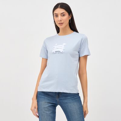 Women's Light Blue Cotton Round Neck T-Shirt
