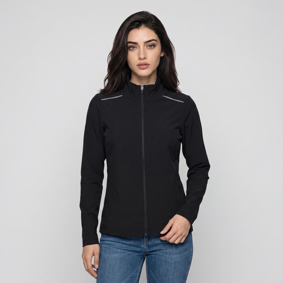 Women's Black Stand Collar Windbreaker Jacket, Black, large