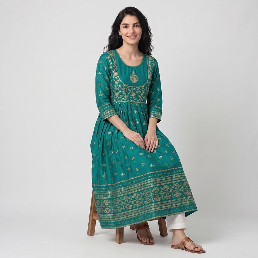 Women's Aqua Scoop Neck Embroidered Kurta, Aqua, large
