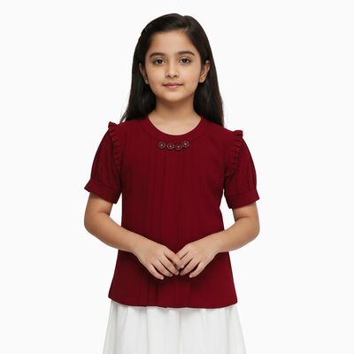 Girls' Maroon Round Neck Ruffle Sleeve T-Shirt