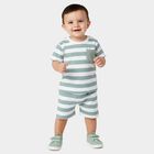 Infants' Mint Green Cotton Round Neck Striped Baba Suit, हल्का हरा, small