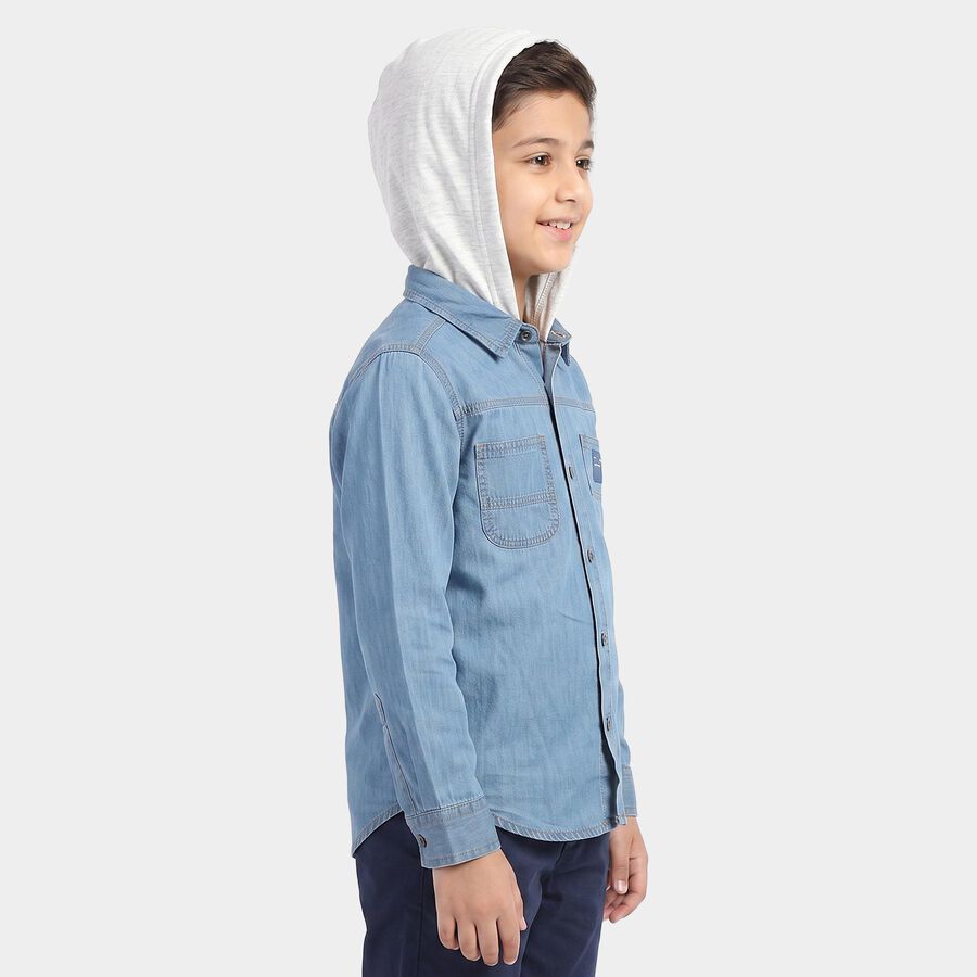 Boys Light Blue Long Sleeves Hooded Shirt, Light Blue, large