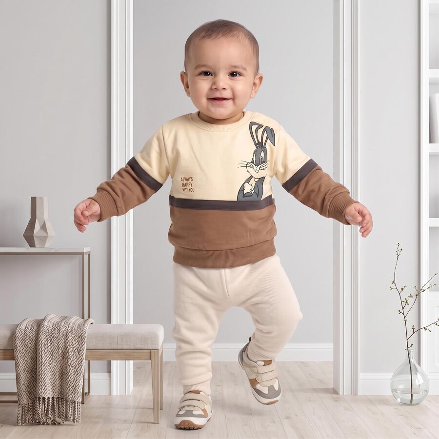 Infants' Beige Cotton Round Neck Pullover Sweatshirt, Beige, large